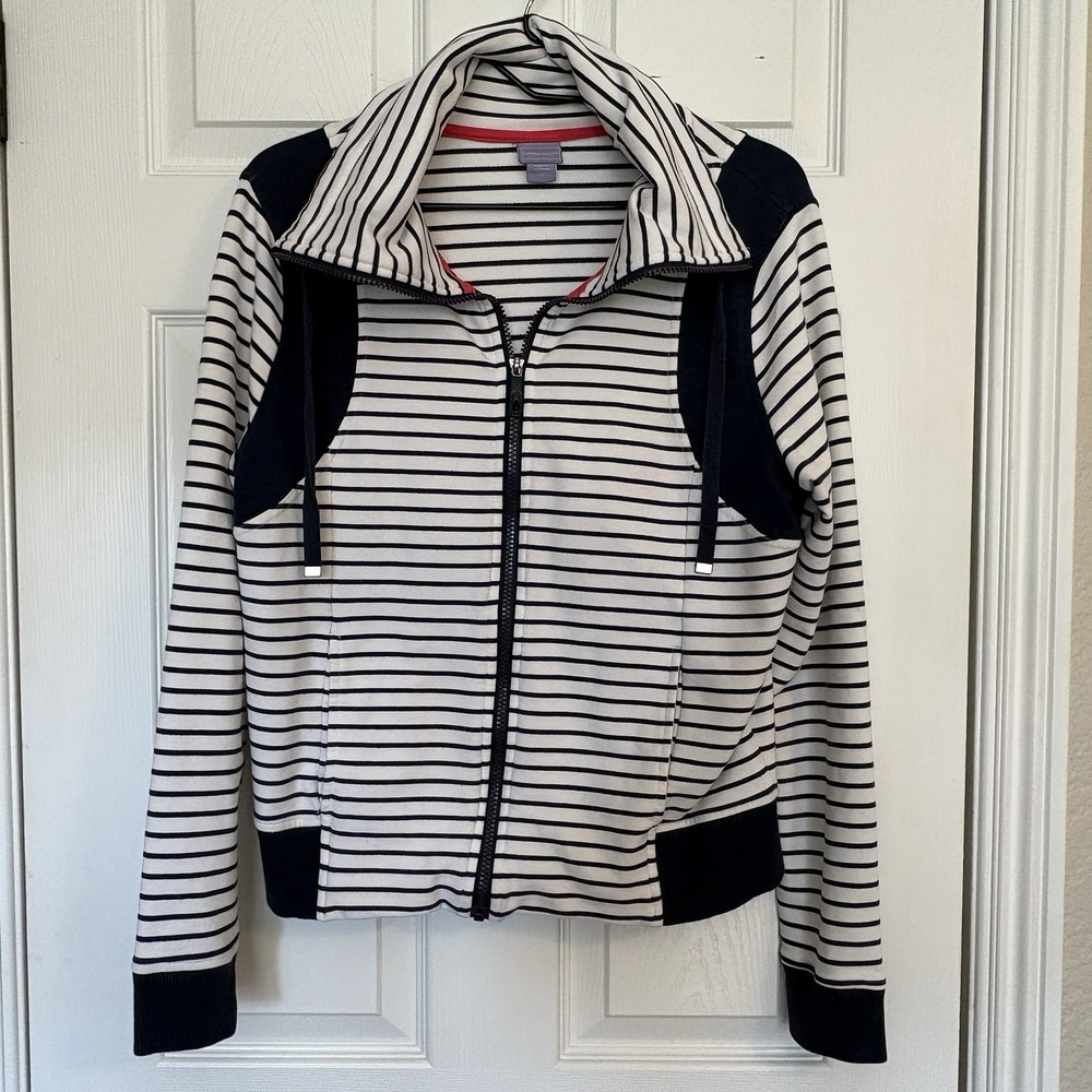 LAURA SCOTT  Nautical Womens White/Navy Striped Full Zip Mock Neck Sweatshirt L